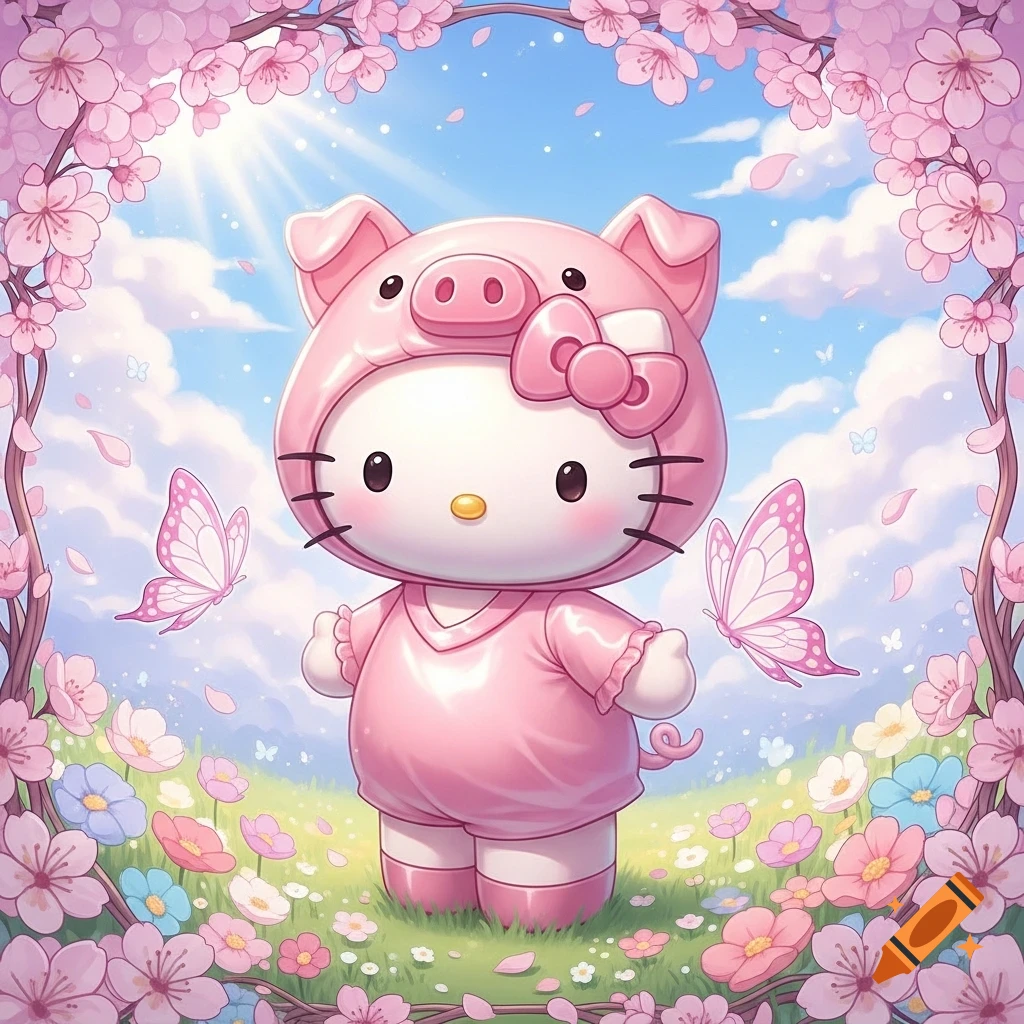Hello Kitty in a pink pig costume stands in a sunny field of colorful flowers with cherry blossoms and butterflies.