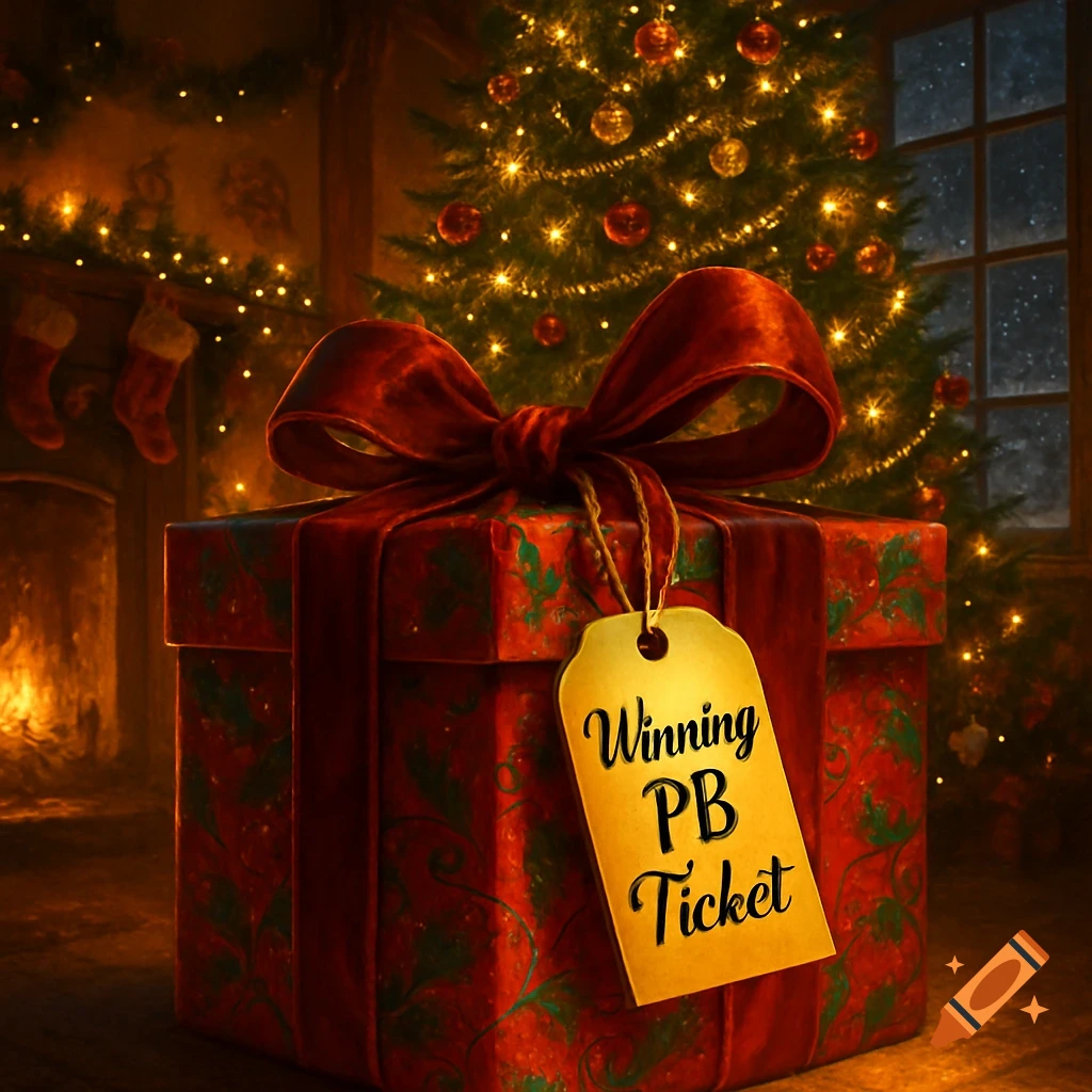 A red Christmas present with a gold tag reading 'Winning PB Ticket' sits under a festive Christmas tree by a fireplace.