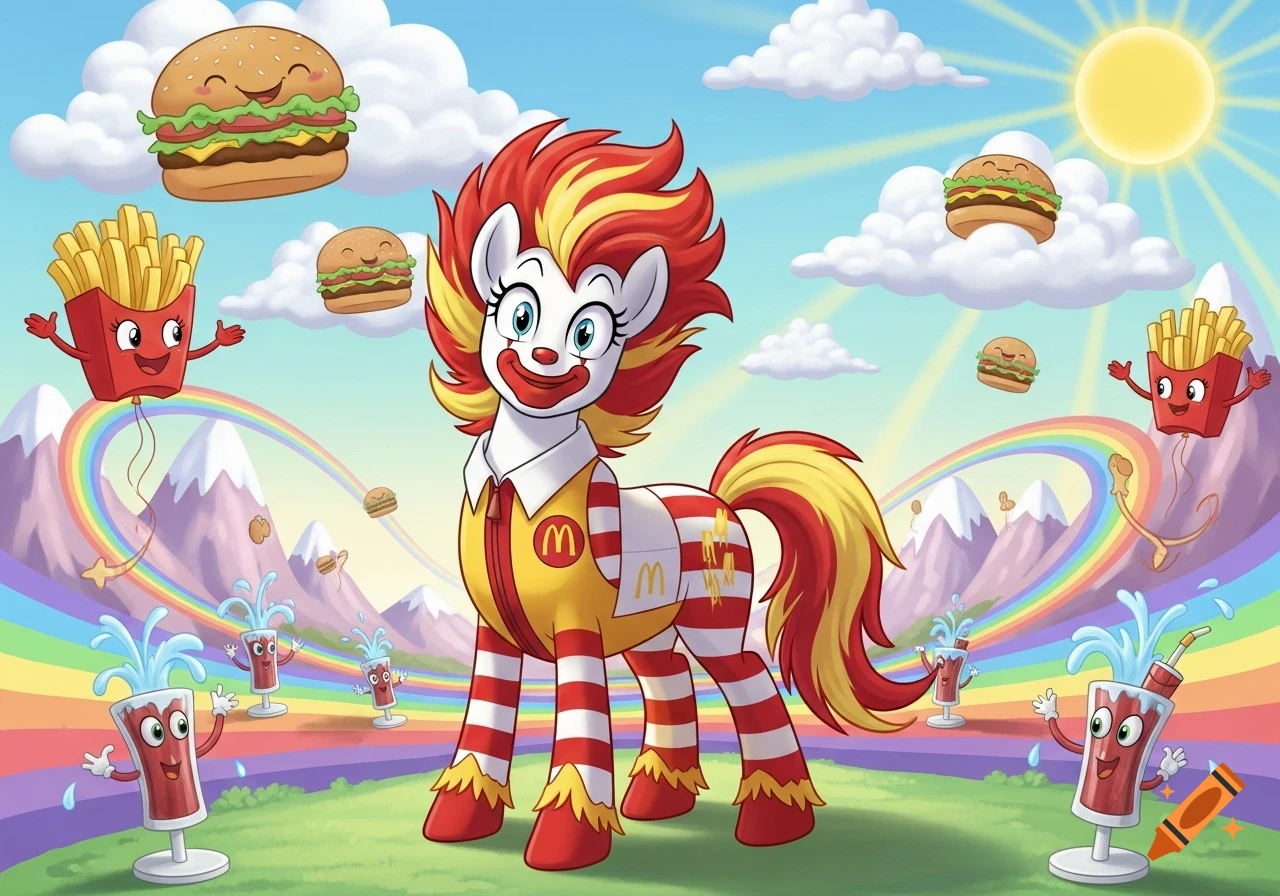 A My Little Pony character dressed as Ronald McDonald, with red and yellow hair and striped body, stands in a whimsical landscape with flying, smiling McDonald's burgers, fries, and sodas, under a sunny sky with rainbows and mountains. Cartoon style.