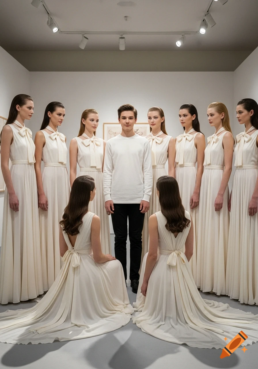 A young man in a white long-sleeve shirt stands surrounded by several women in white dresses with bows, some kneeling, in a minimalist art gallery.