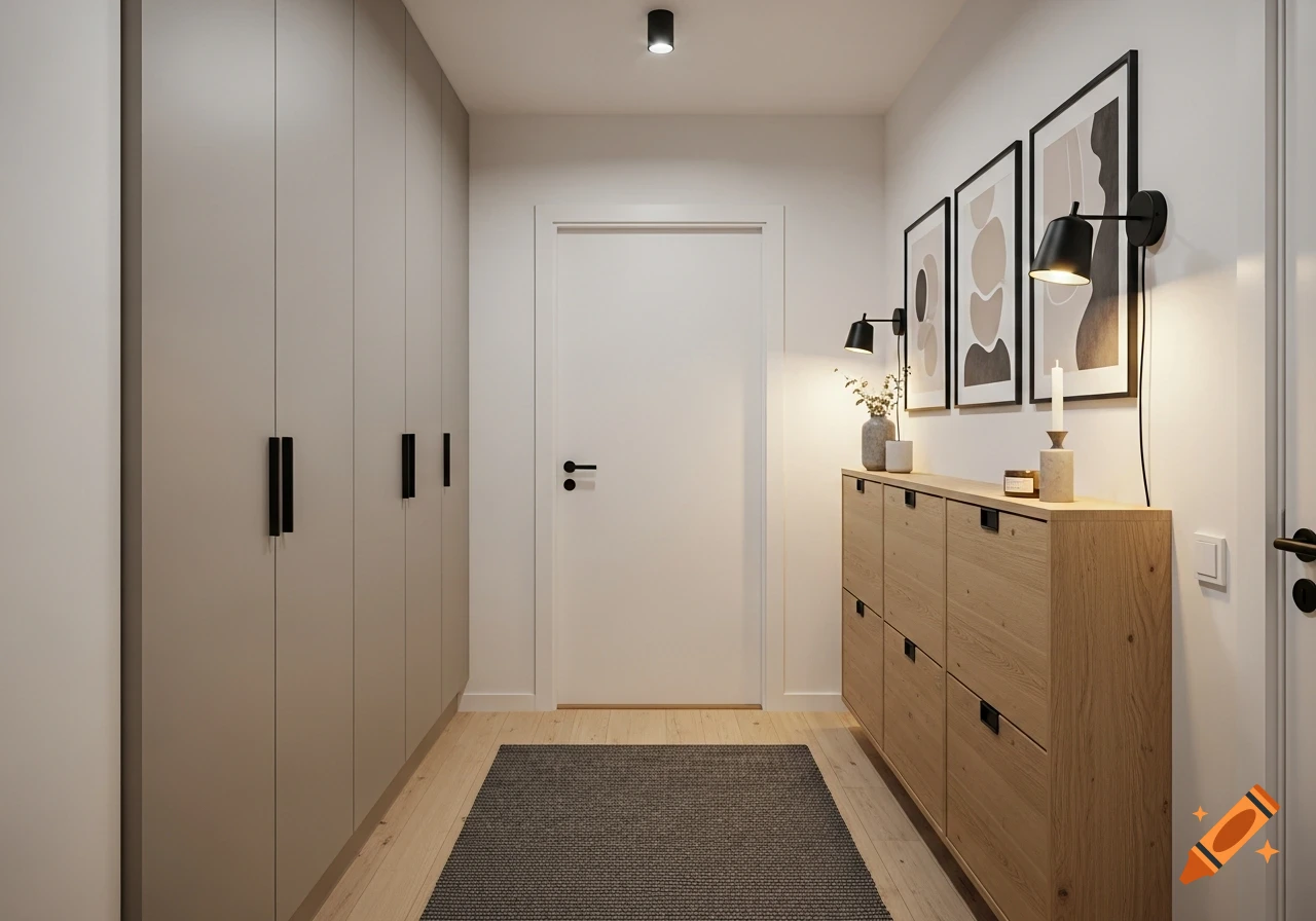 A well-lit, minimalist Scandinavian hallway features light wood floors, grey built-in wardrobes, a wooden shoe cabinet, and abstract art.