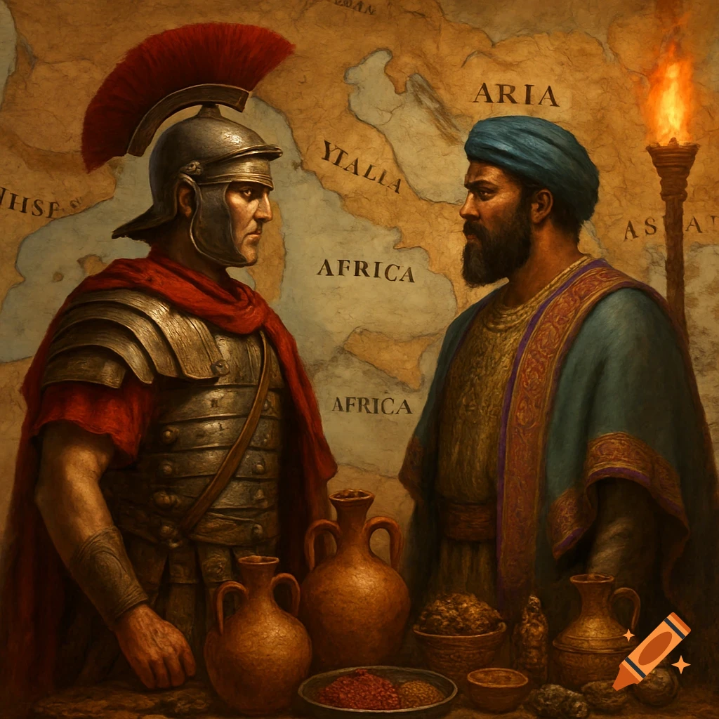 A Roman soldier and a bearded man in a turban stand before a map of the Mediterranean, surrounded by ancient pottery and goods. The map has labels like "AFRICA" and "YTALIA".
