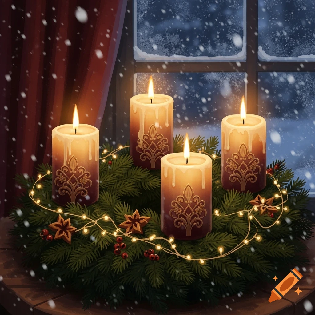 Illustrated Advent wreath with four lit candles on a table, snowy window in background.