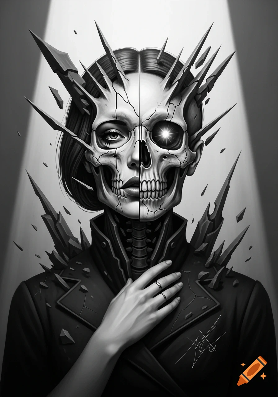 A black and white abstract artwork of a woman's face merging with a skull, surrounded by sharp, fractured shards.