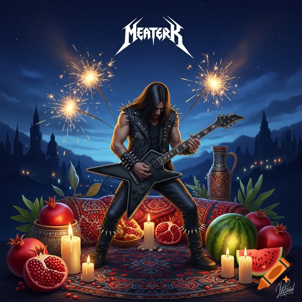 A metal guitarist in a spiked vest plays a star-shaped electric guitar under a starry night sky, surrounded by pomegranates, watermelon, candles, and sparklers, with a dark castle silhouette in the background.
