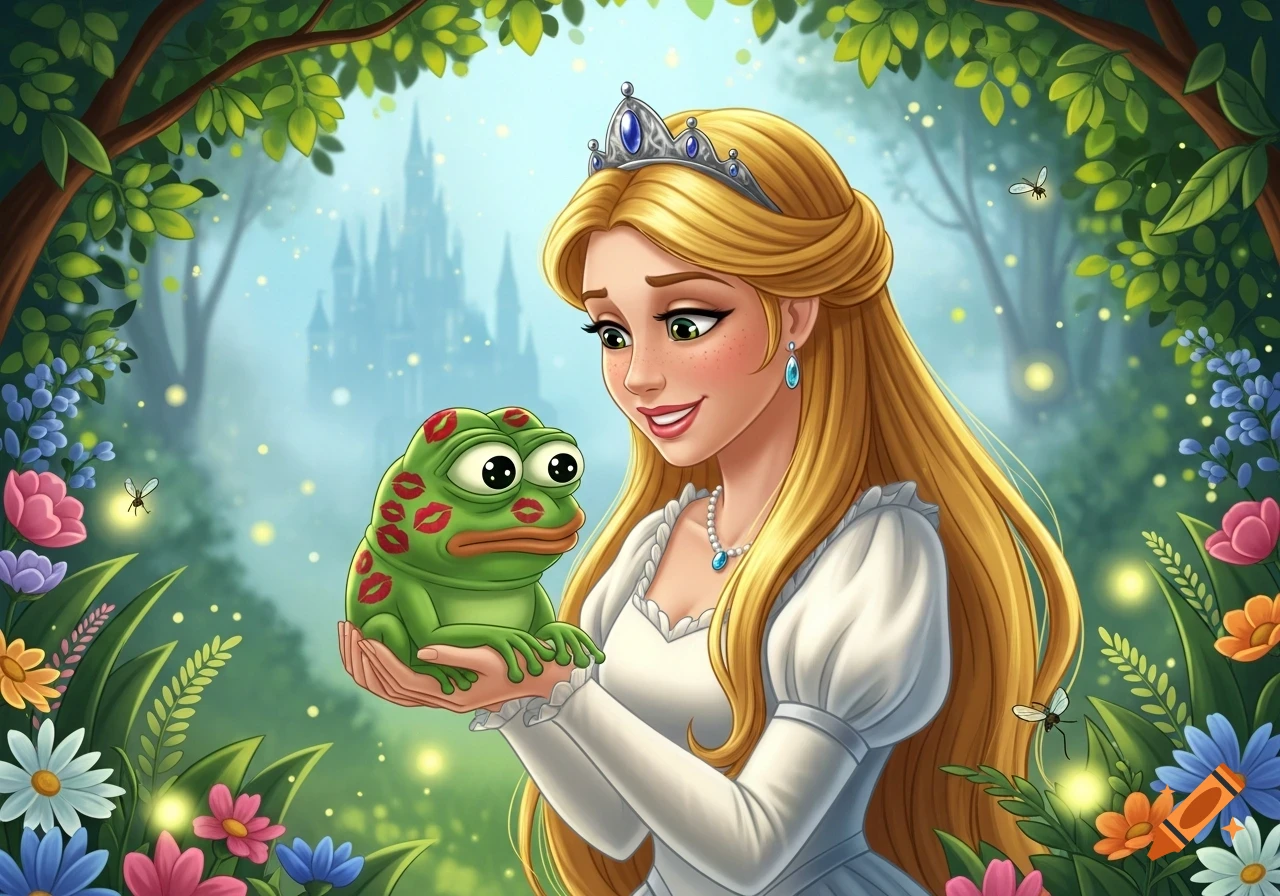 A cartoon princess with blonde hair holds a kiss-covered Pepe the frog in a magical forest, with a castle in the background.