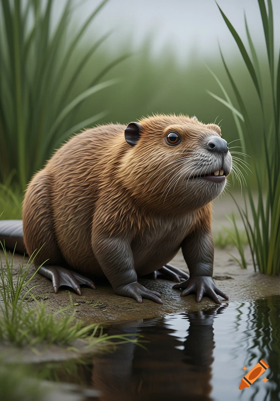 A photorealistic beaver-toad hybrid animal with brown fur and webbed feet sits at the edge of a muddy wetland with reeds.