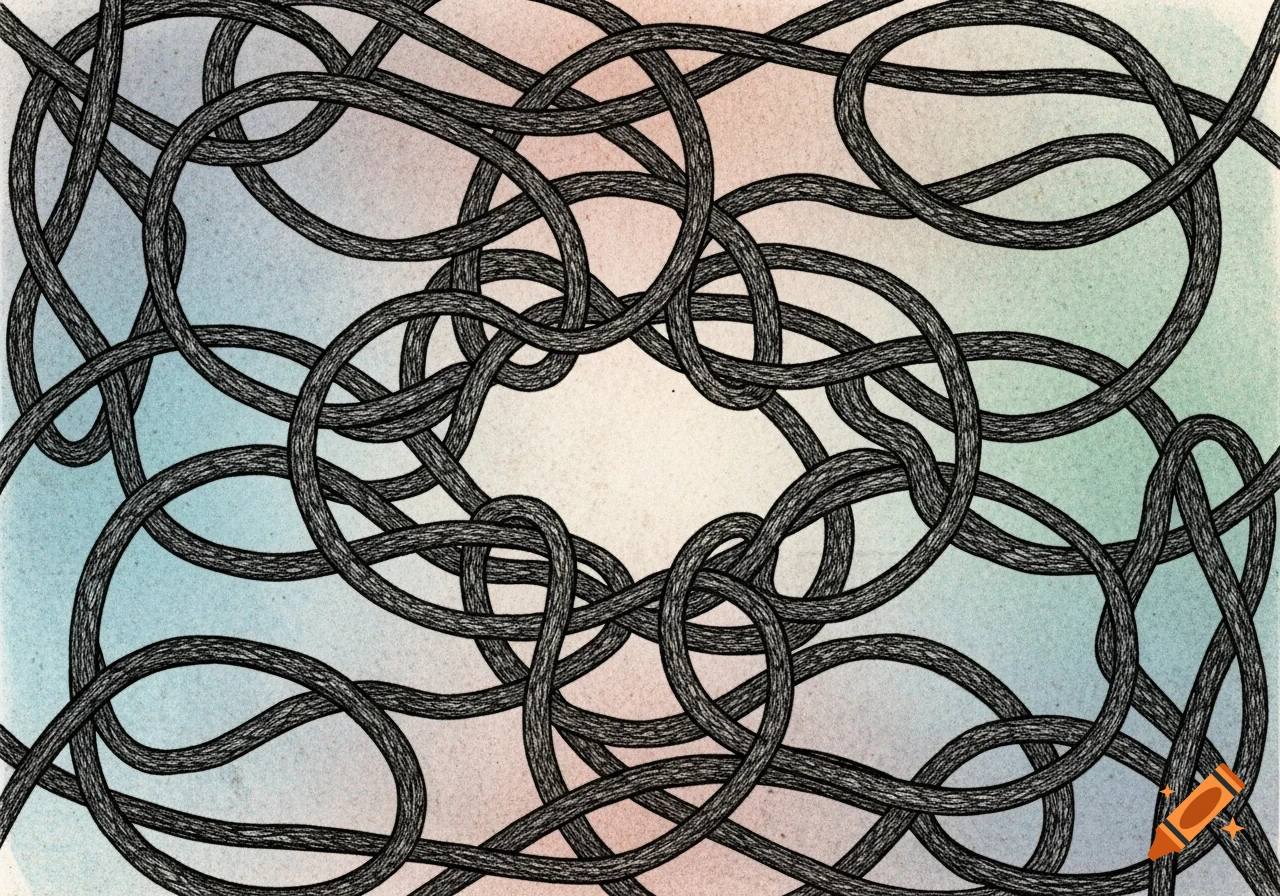 An abstract graphic features a complex knot of thick, dark, textured lines against a soft watercolor gradient background of blue, pink, and beige.