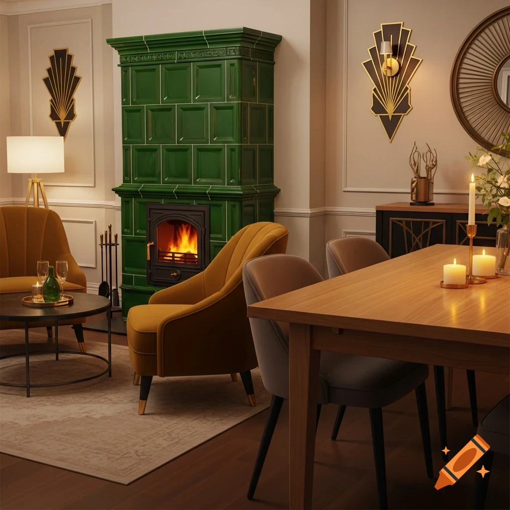 Cozy living and dining room with a tall green tiled fireplace, yellow velvet armchairs, wooden table with candles, and Art Deco sconces.