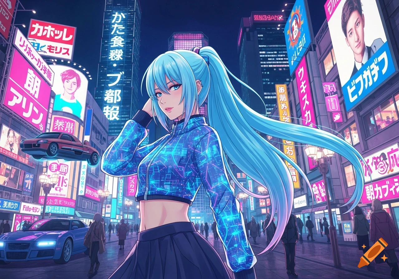 An anime girl with long blue hair and a futuristic crop top stands in a neon-lit cyberpunk city at night with flying cars.