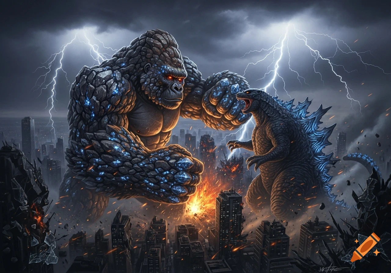 Giant rock gorilla monster fighting Godzilla in a devastated city under a lightning storm, epic fantasy art.