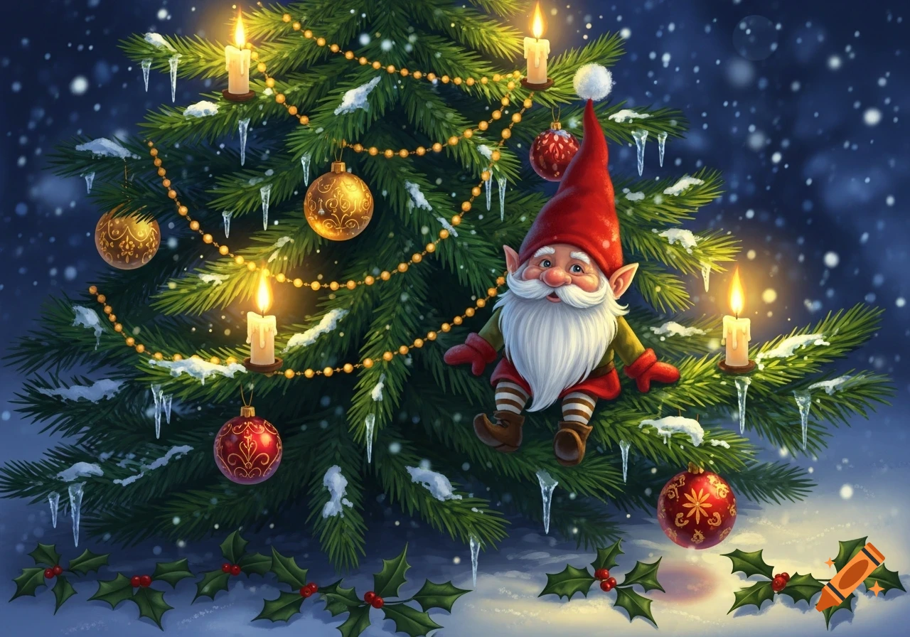 A friendly gnome sits on a snow-dusted Christmas tree, adorned with lit candles, golden and red ornaments, and holly, on a snowy winter night.