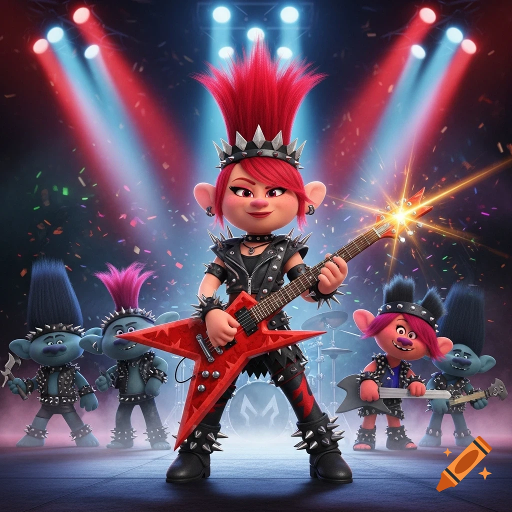 Queen Barb, a red-haired rock troll, plays a star-shaped electric guitar on stage with her bandmates.