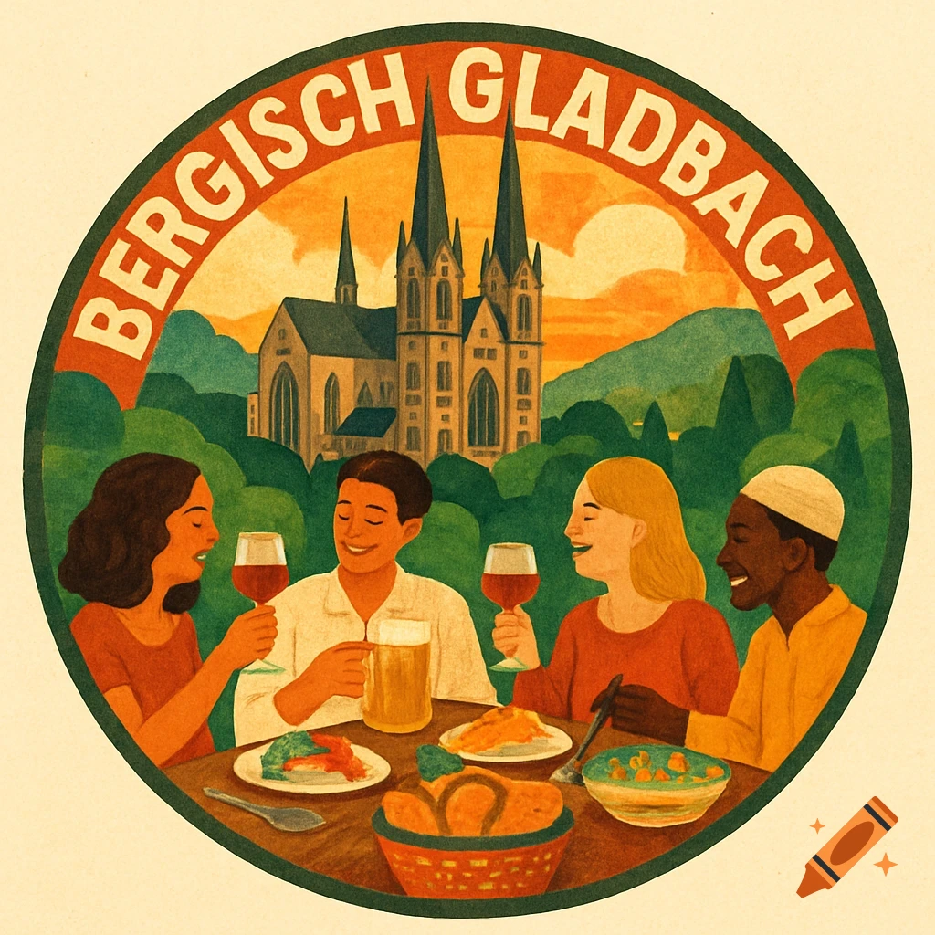 A circular logo illustration depicting diverse people dining and drinking with a church and mountains in the background, text 'BERGISCH GLADBACH' above.