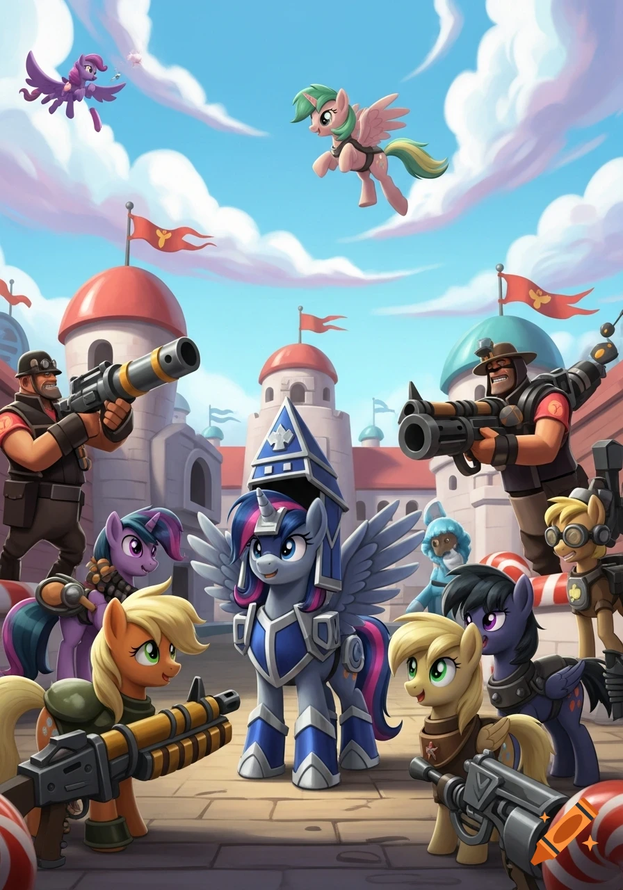 Stylized cartoon battle scene featuring armored My Little Pony characters and Team Fortress 2 mercenaries with weapons in a fantasy town.