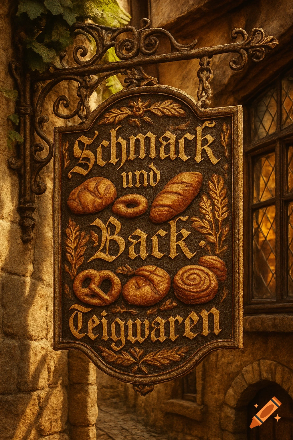Ornate medieval bakery sign with 'Schmack und Back Teigwaren' text and embossed pastries hanging from a stone wall.