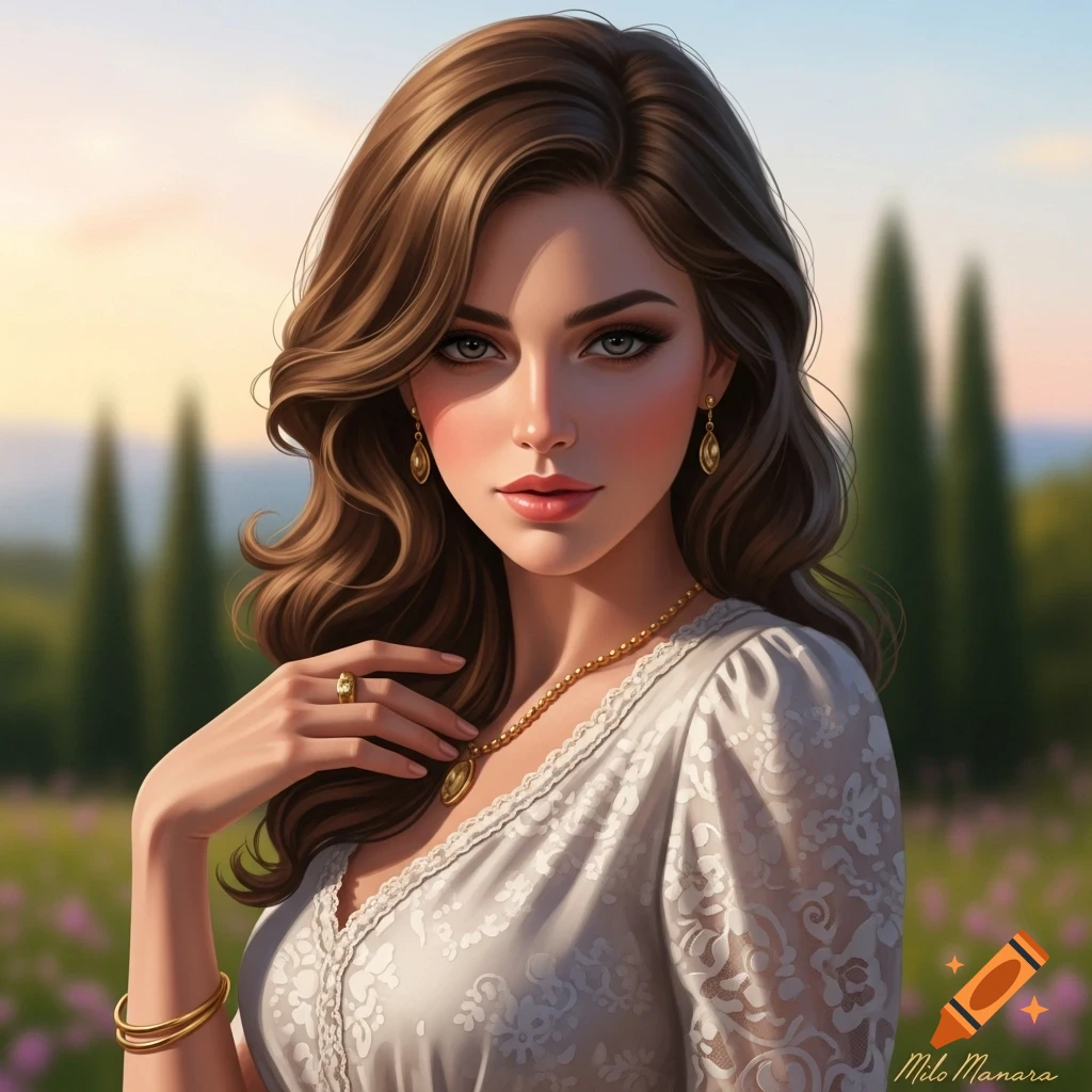A stylized digital portrait of a young woman with long brown hair ...