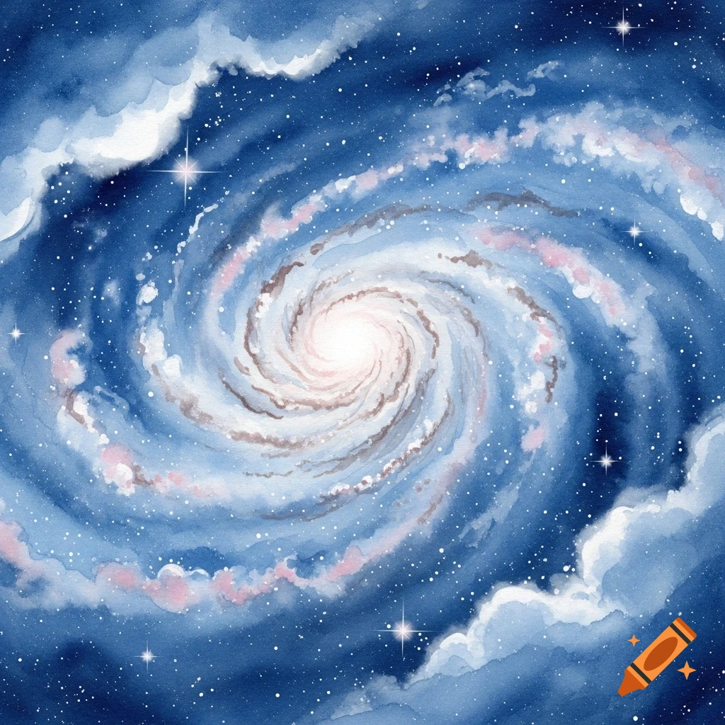 A vibrant blue watercolor painting of a spiral galaxy with swirling white and pink clouds and stars.