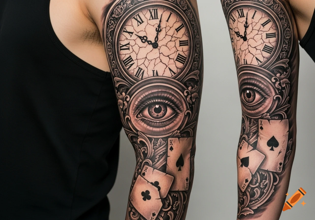 Detailed black and grey arm tattoo featuring a cracked clock with Roman numerals, an all-seeing eye, and playing cards with intricate scrollwork.