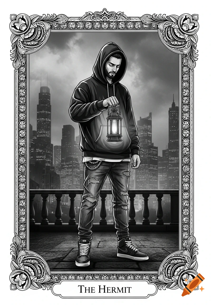 Man in hoodie and ripped jeans holding a lantern on a city balcony, within an ornate black and white tarot card frame labeled "The Hermit".