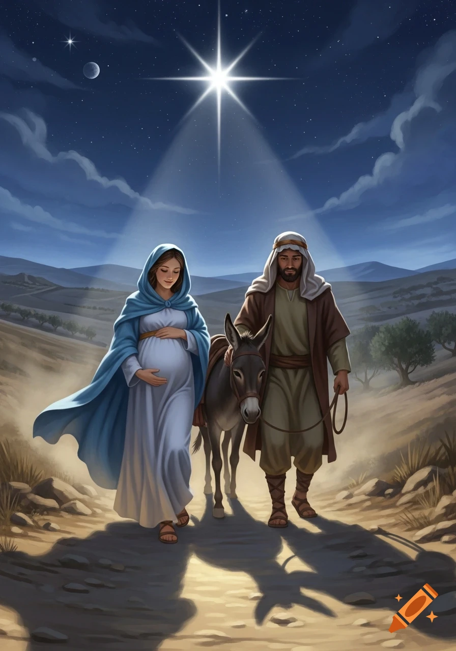 Pregnant Mary and Joseph walk with a donkey on a desert path at night, illuminated by a bright star. Illustration style.
