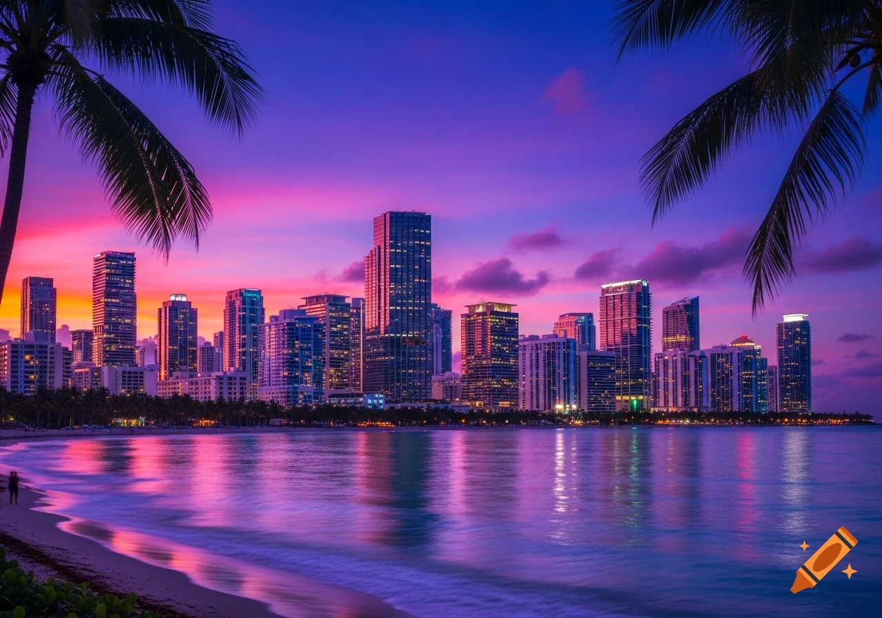 Vibrant Miami cityscape at sunset, with palm trees framing a purple and pink sky over the ocean and beach.