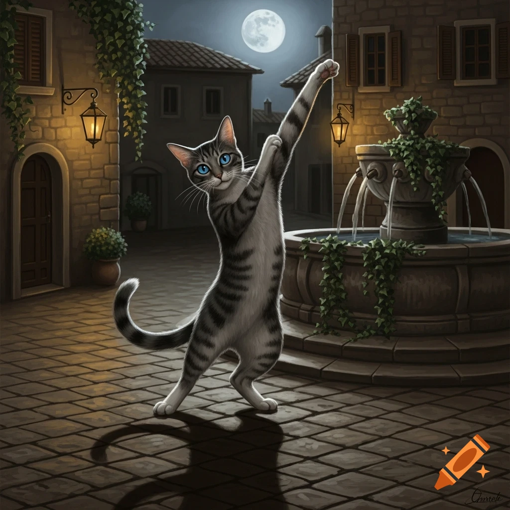 An illustrated gray tabby cat with blue eyes stands on its hind legs, striking a pose in a moonlit European alley with a fountain.