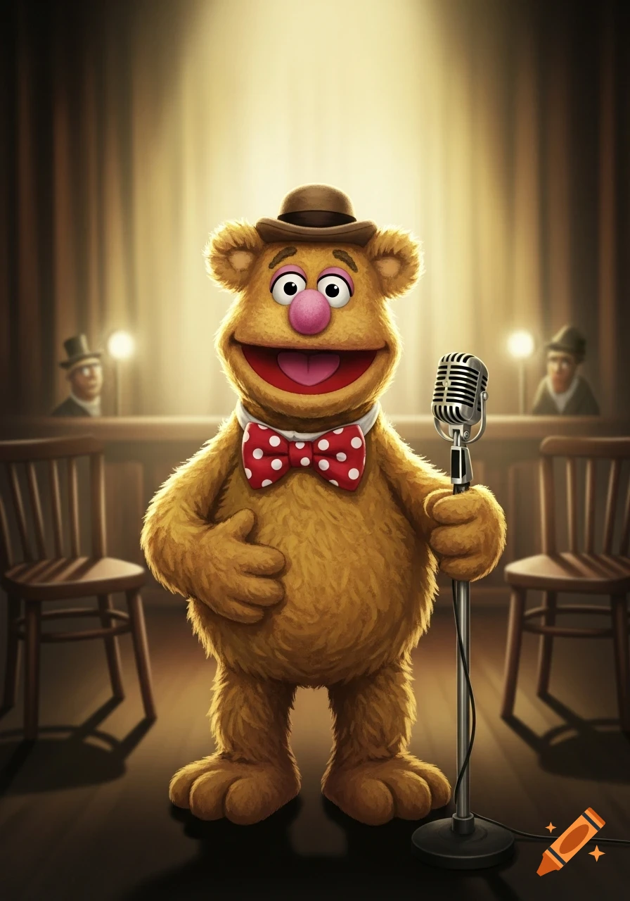 Fozzie Bear, a brown fuzzy Muppet, stands center stage holding a vintage microphone, wearing a hat and red polka dot bow tie.