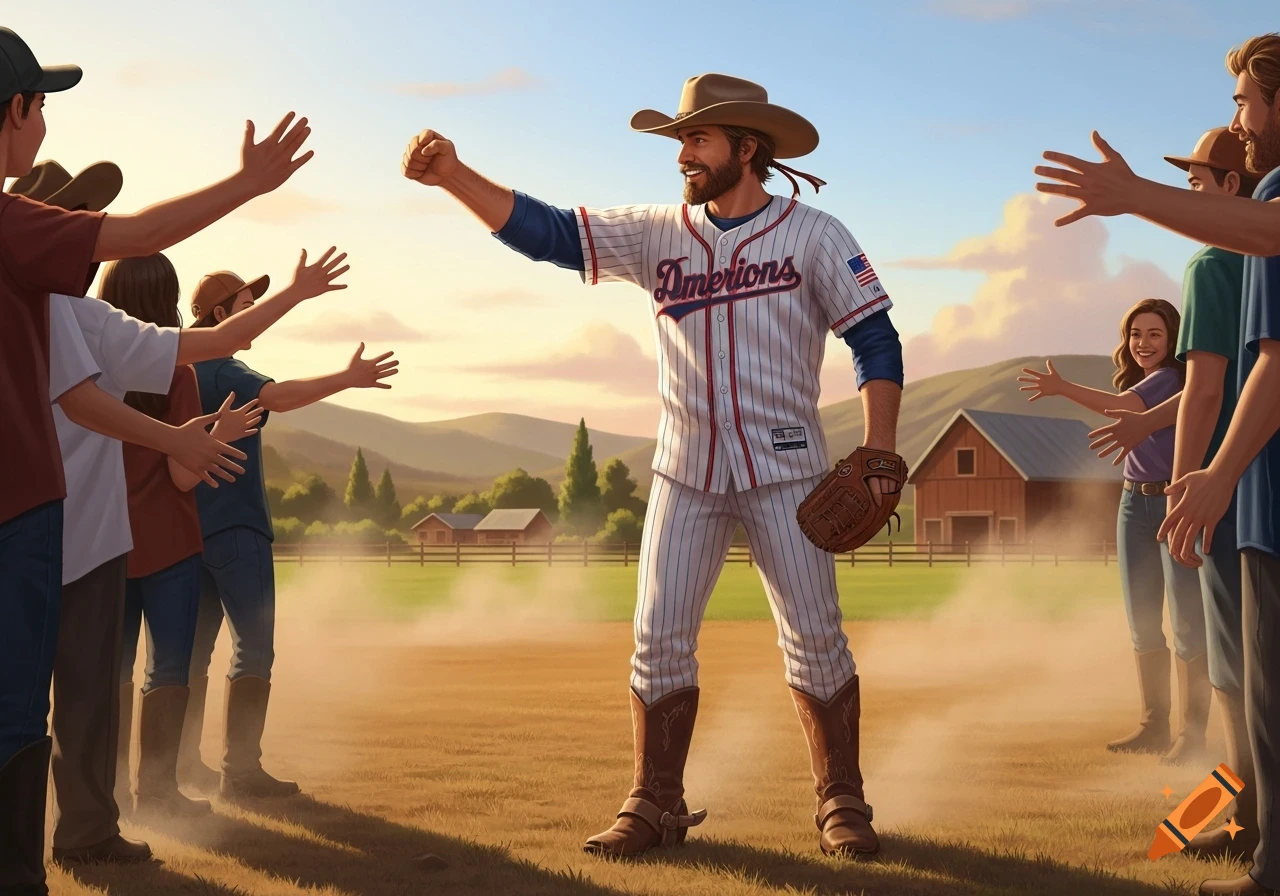 A smiling man in a baseball jersey, cowboy hat, and boots fist bumps people in a rural field with a barn and mountains in the background.