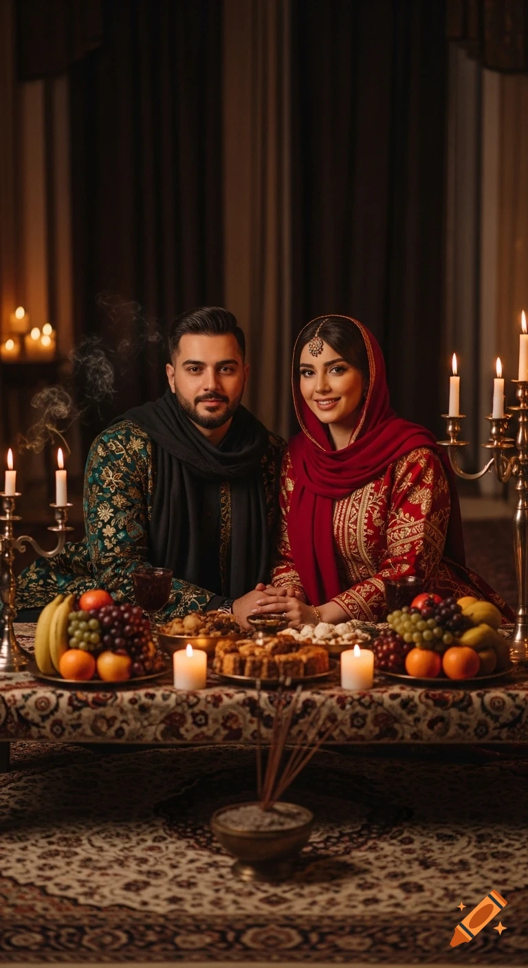 Ultra-realistic shot of a Persian couple in traditional outfits celebrating Yalda Night with a table laden with food and candles.
