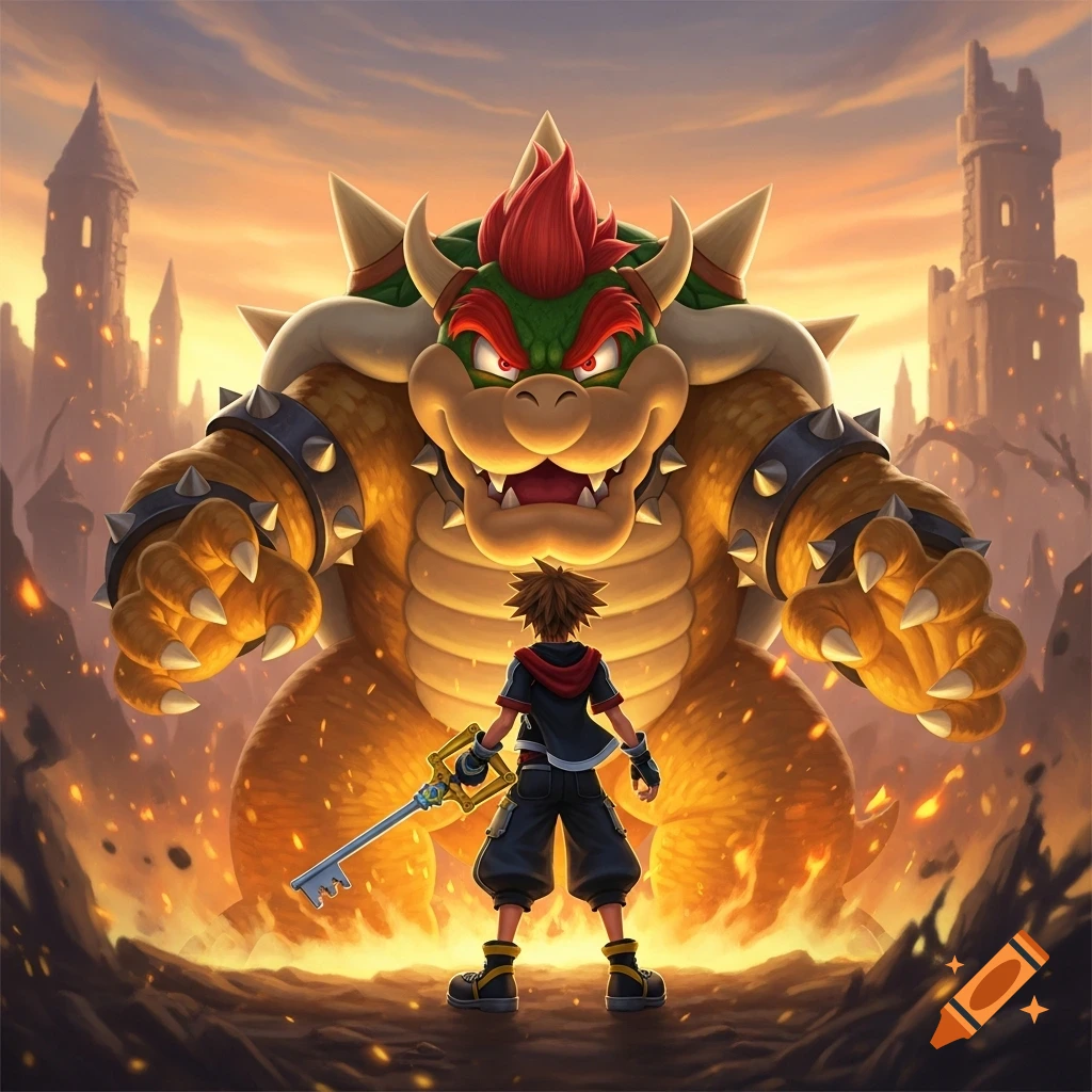 Sora with his Keyblade confronts a giant Bowser amidst a fiery, ruined landscape with distant castles at sunset, in a dramatic, stylized scene.