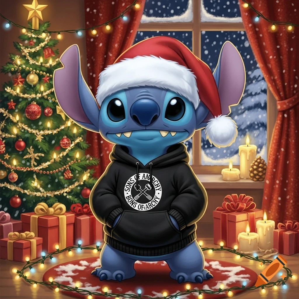 Cartoon Stitch wearing a Santa hat and a black hoodie, standing amidst Christmas decorations, presents, and string lights.