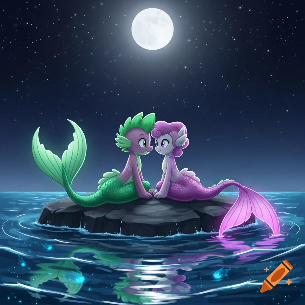 2D cartoon of mermaid Spike and Sweetie Belle sitting on an ocean rock at night under a full moon, looking at each other.