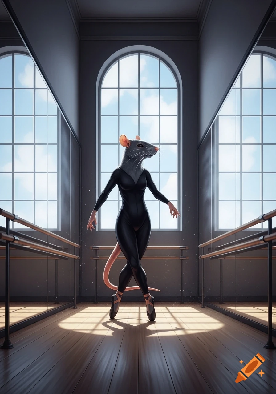An anthropomorphic grey rat in a black unitard poses elegantly en pointe in a ballet studio with large windows.