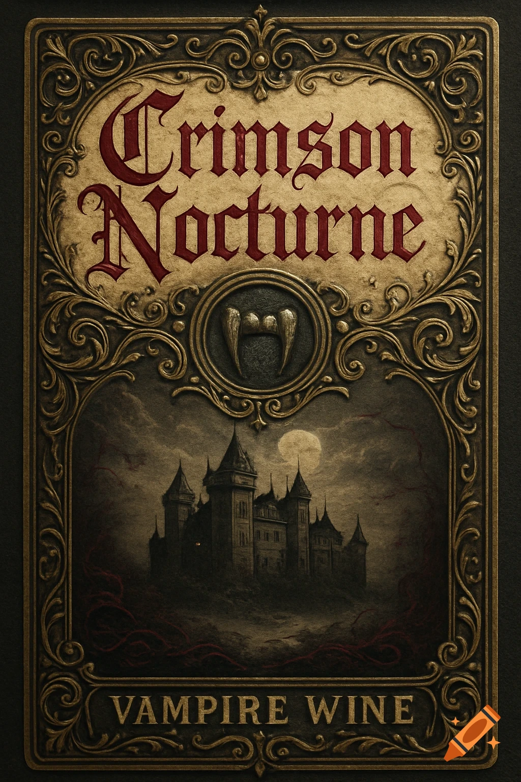 Vintage label for Crimson Nocturne Vampire Wine, with ornate gold frame, vampire fangs, and a gothic castle under a full moon.