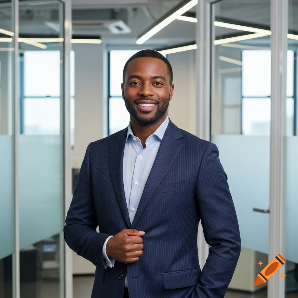 A smiling Black man in a pinstripe suit and light blue shirt stands in a modern office with glass walls.