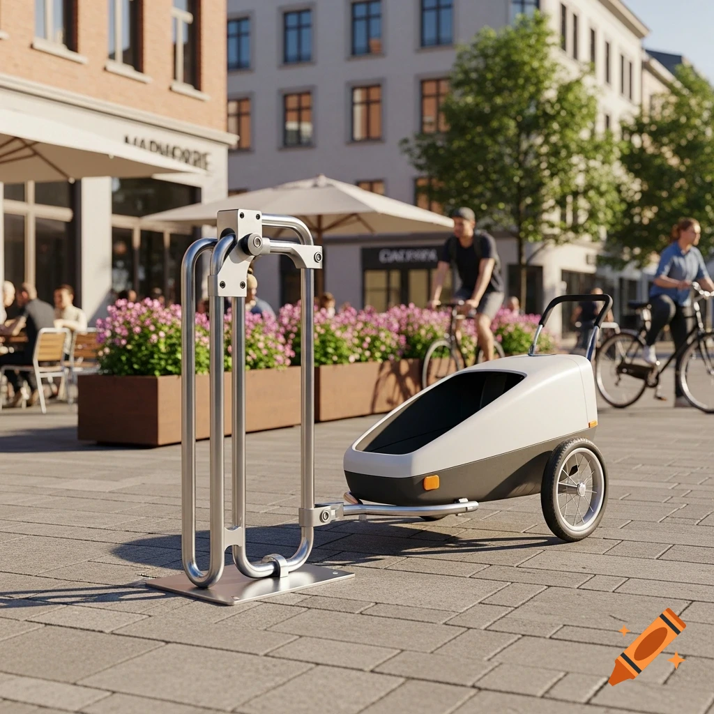 A photorealistic image of a sleek silver bicycle rack next to a white and gray bicycle trailer in a sunny city square.