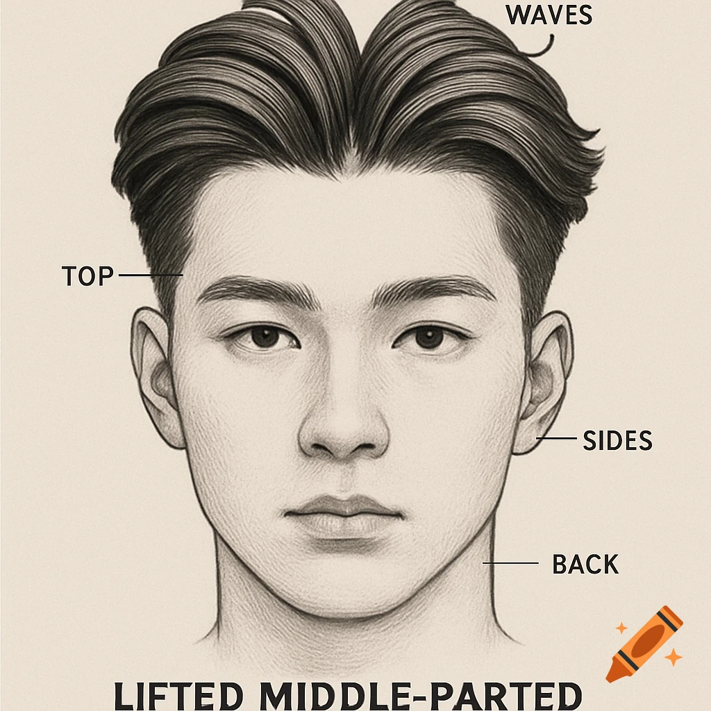 A black and white diagram of a man's lifted middle-parted haircut, with labels pointing to the top, waves, sides, and back.