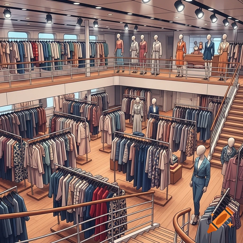 An illustrative multi-level clothing store, filled with racks of various garments and display mannequins.