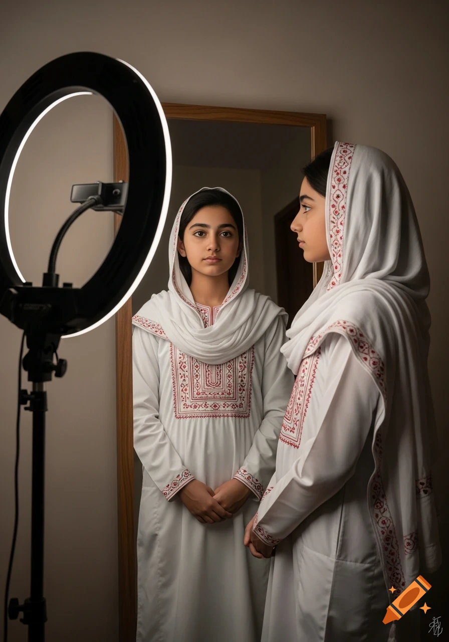A young girl in a white Balochi dress with red embroidery looks at her reflection in a mirror, with a ring light behind her.