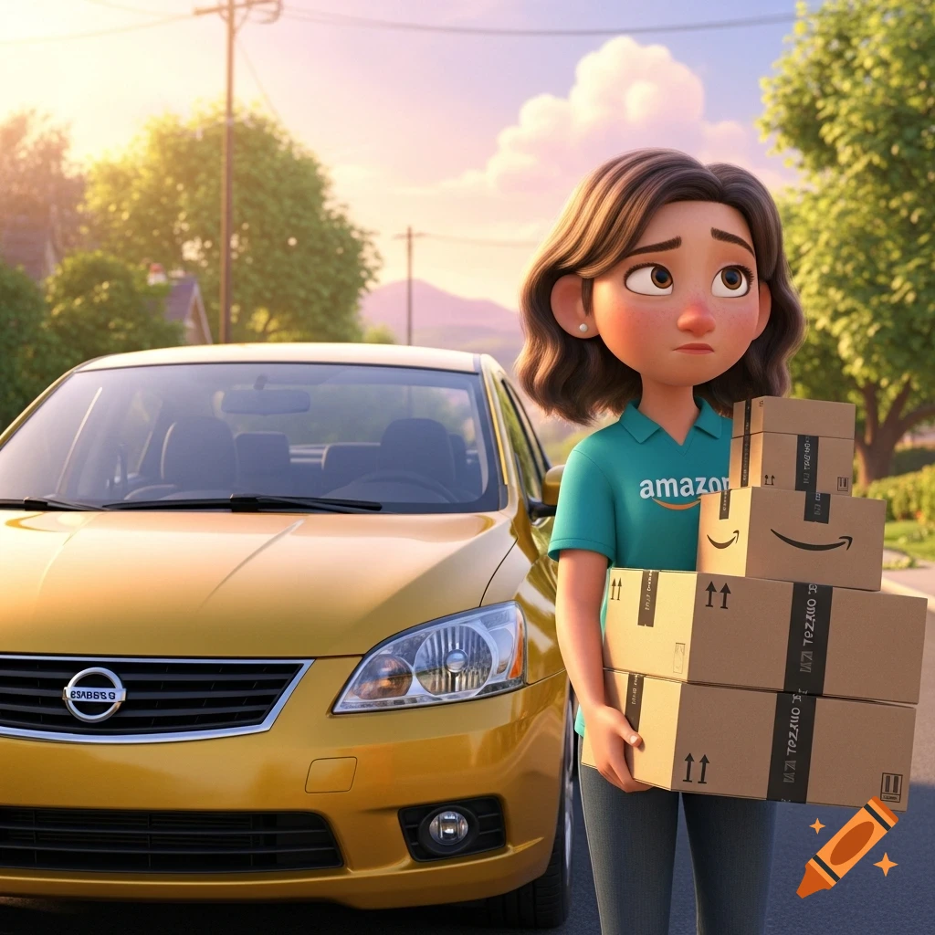 A tired animated girl in an Amazon delivery shirt holds stacked boxes in front of a golden Nissan Sentra, with a sunny, suburban background.