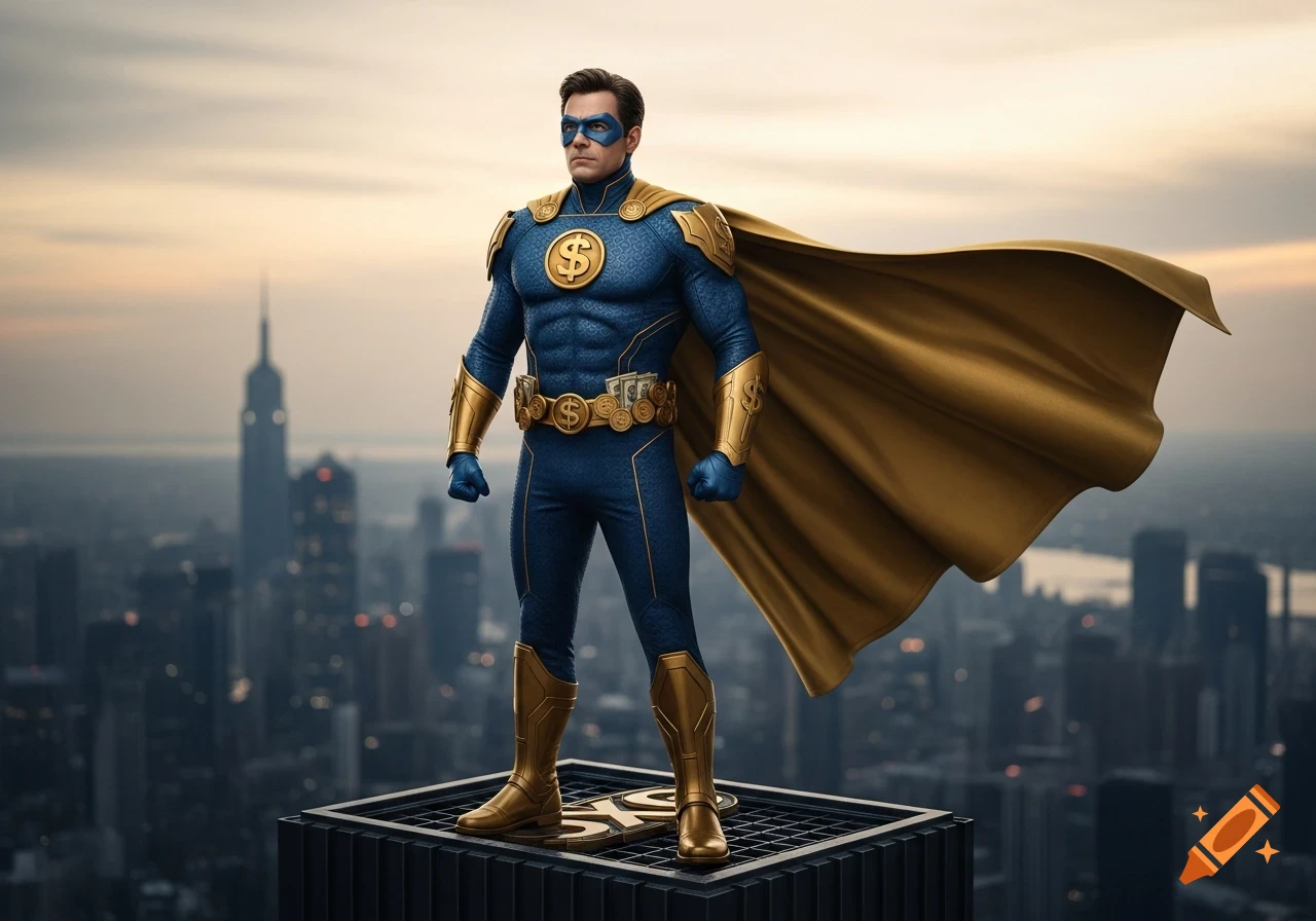 A male superhero in a blue and gold suit with dollar signs, wearing a mask and cape, stands on a rooftop overlooking a city at sunset.