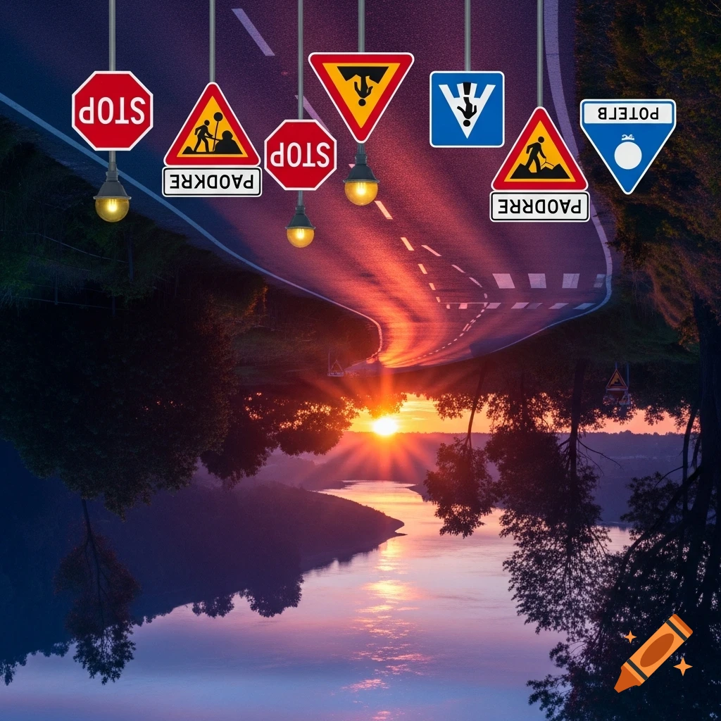 A surreal landscape with an inverted road stretching into a sunset over a lake, featuring several inverted traffic signs including 'STOP' and others with garbled text.