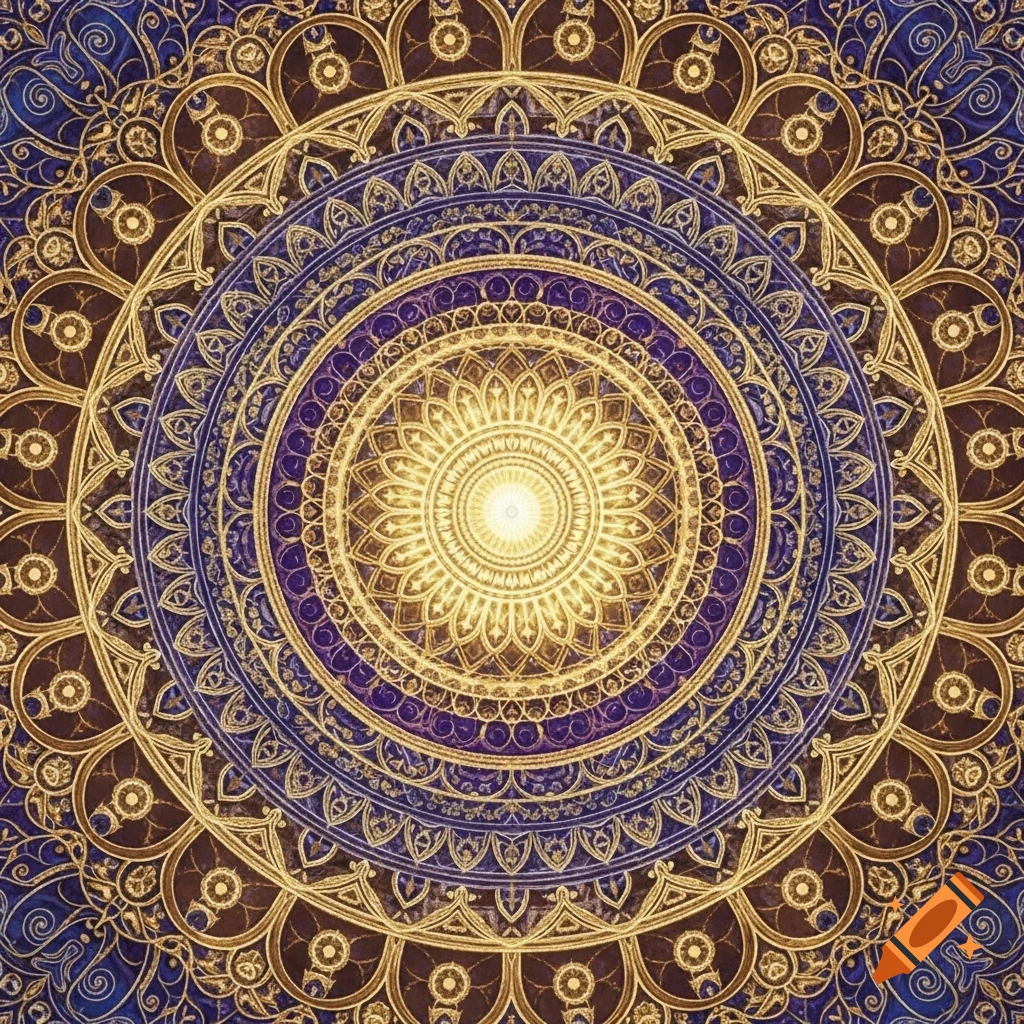 Intricate gold and blue mandala with a glowing center, featuring ornate geometric patterns.