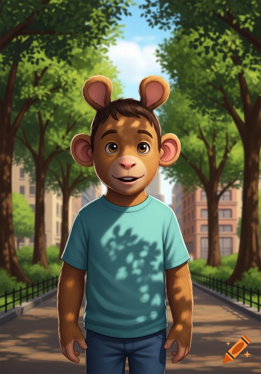 A stylized brown-furred boy with large ears and a blue t-shirt stands on a park path, trees and city buildings in the background.