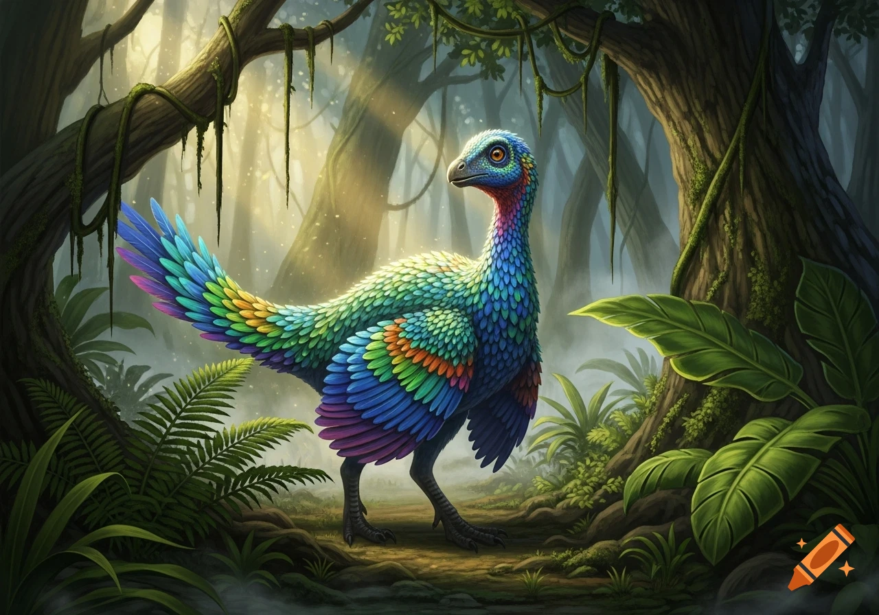 A vibrant, rainbow-colored dinosaur-like bird stands in a lush, sunlit prehistoric jungle.