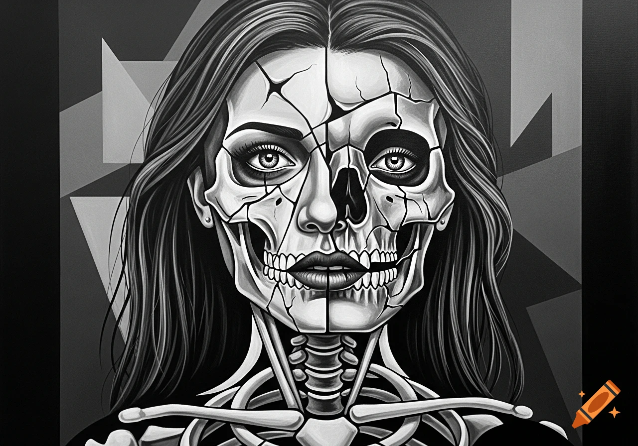 Black and white surreal portrait of a woman with half her face as a cracked skull and visible skeleton, in a fragmented cubist style.