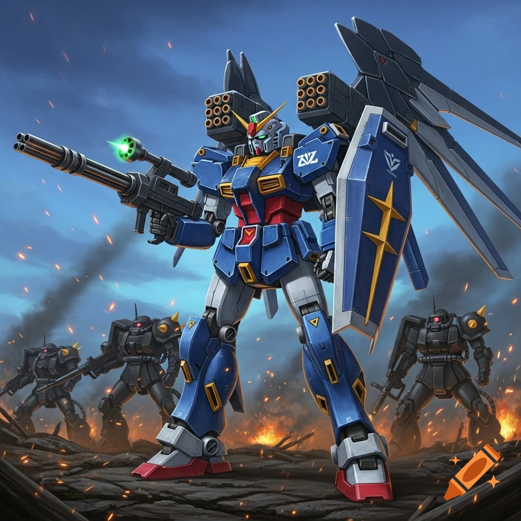 A blue, red, and yellow Gundam mobile suit with a gatling gun, shield, wings, and missile pods on a fiery battlefield against three black Zaku mobile suits.