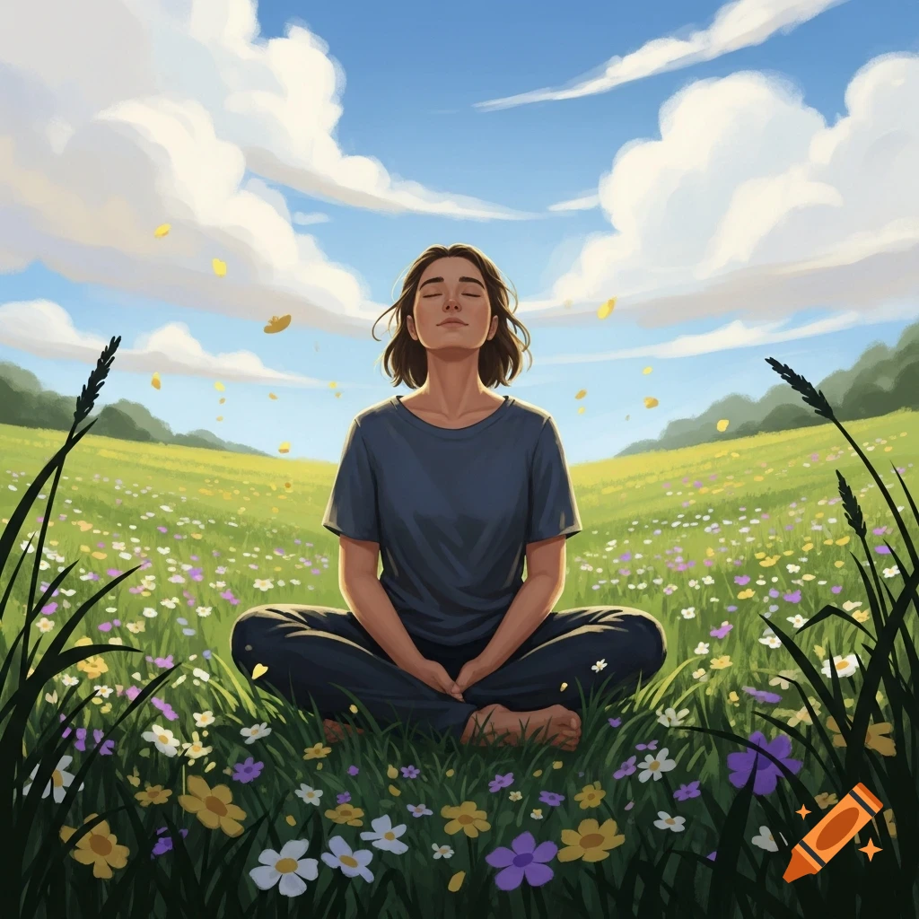 A person with eyes closed meditating cross-legged in a vibrant wildflower field under a blue sky, with yellow petals falling. Digital art.
