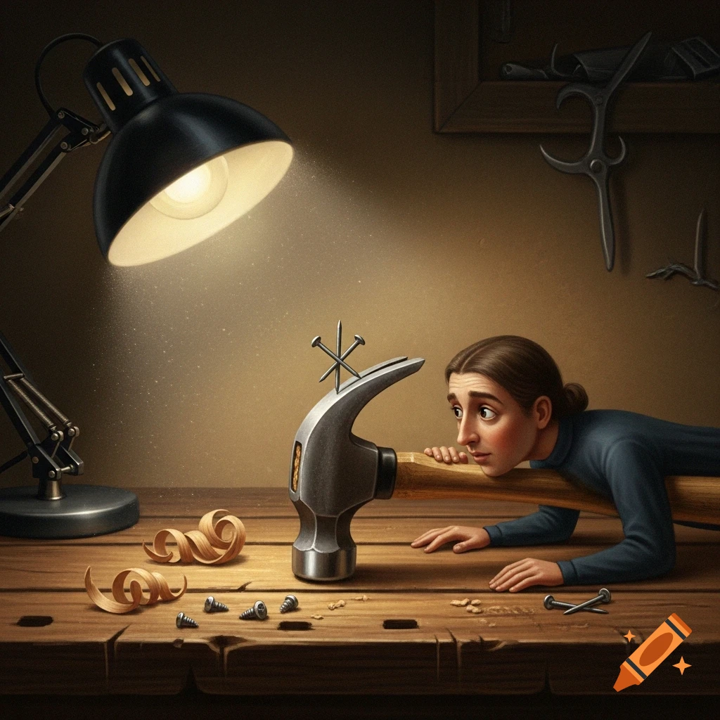 A person's head and arms emerge from a hammer handle on a workbench, looking at cross-shaped nails on the hammerhead, under a desk lamp. Surreal.